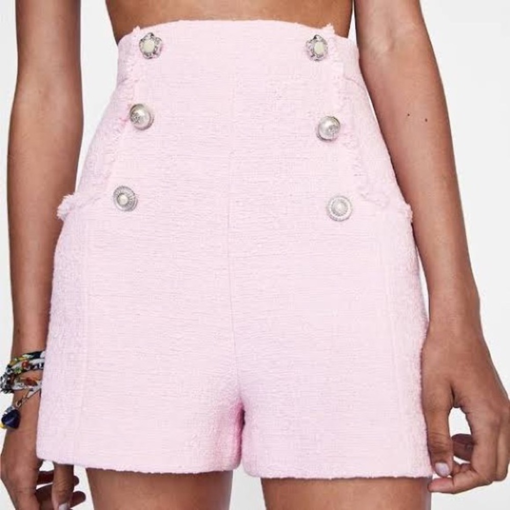 Zara Rare Pink Tweed Shorts with Silver Buttons L - Picture 9 of 11
